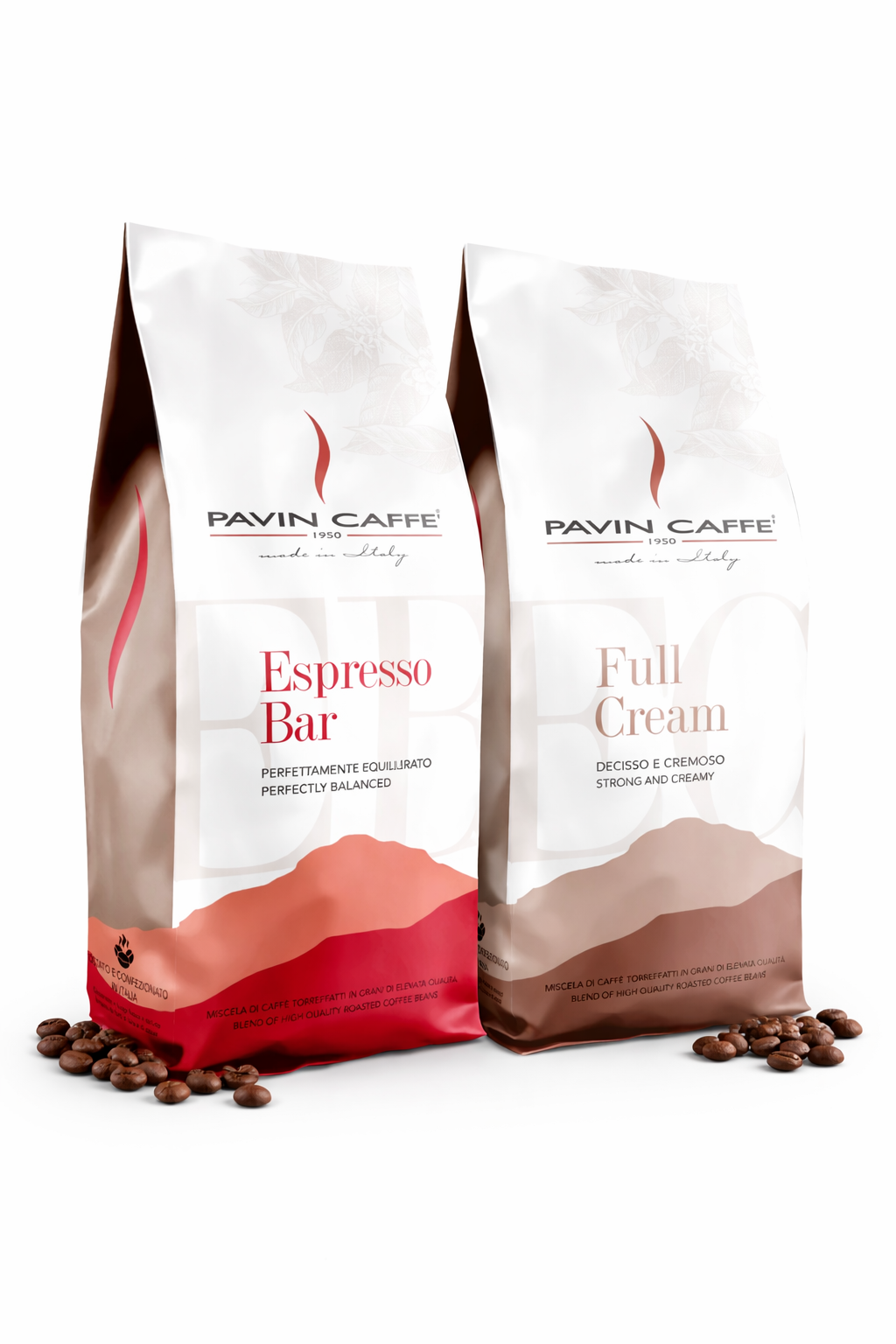 Two Pavin Caffe coffee bags, one labeled 'Espresso Bar' and the other 'Full Cream', on a white background with scattered coffee beans.