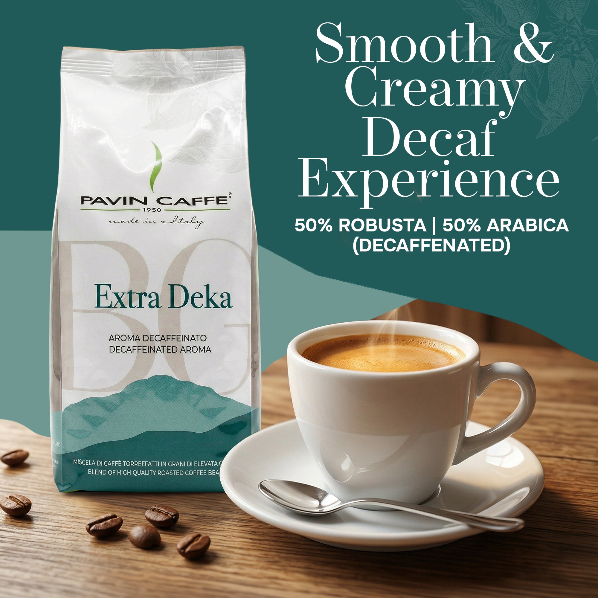Pavin Caffè Extra Deka Italian decaf coffee beans roasted in Padua Italy — 1kg bag, medium-dark roast, whole bean. Smooth and Creamy Decaf Experience. 50% Robusta; 50% Arabica. Decaffenated.