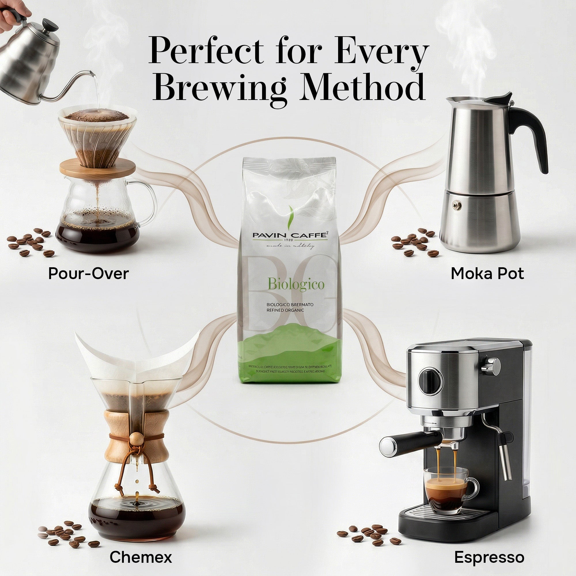 Coffee brewing methods including pour-over, moka pot, chemex, and espresso with Pavin Caffe coffee package.