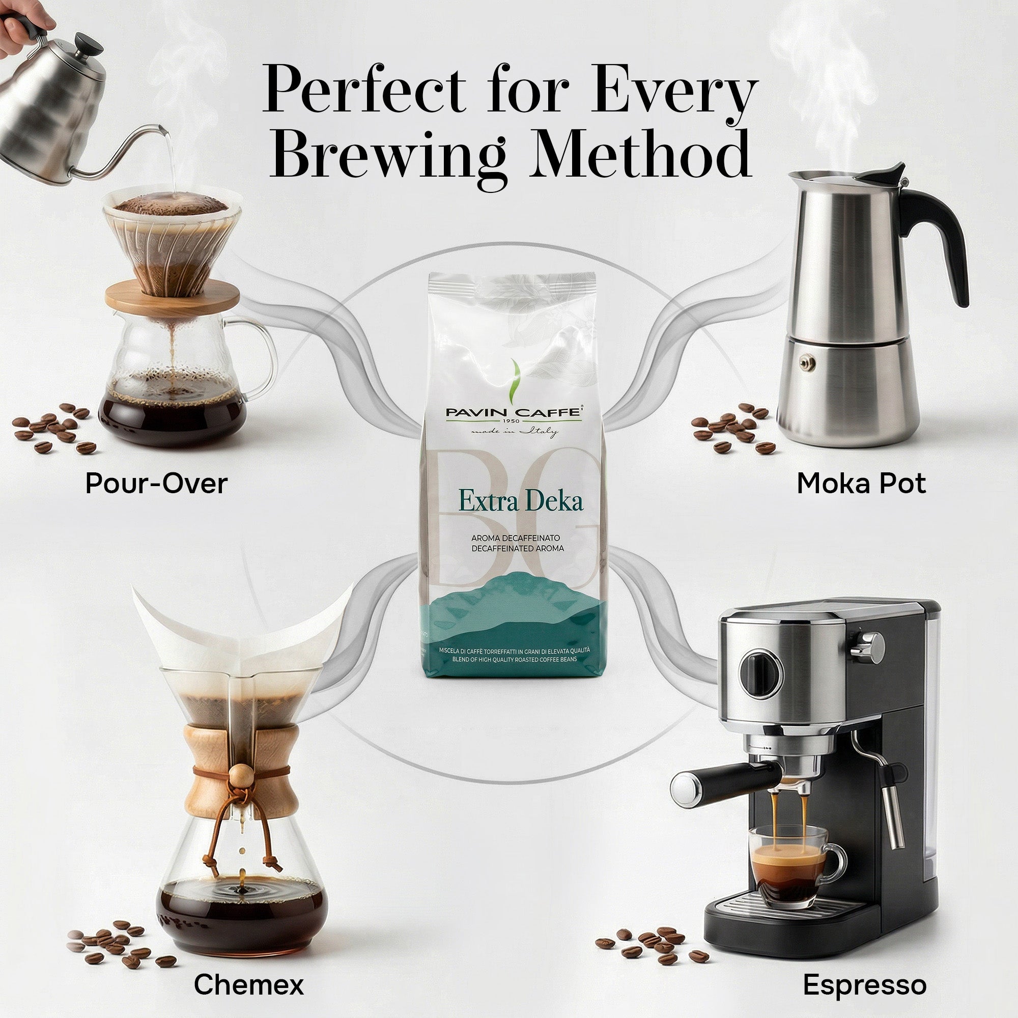 Pavin Caffè Extra Deka Italian decaf coffee beans roasted in Padua Italy — 1kg bag, medium-dark roast, whole bean. Pavini Caffe coffee packaging with brewing methods. 
