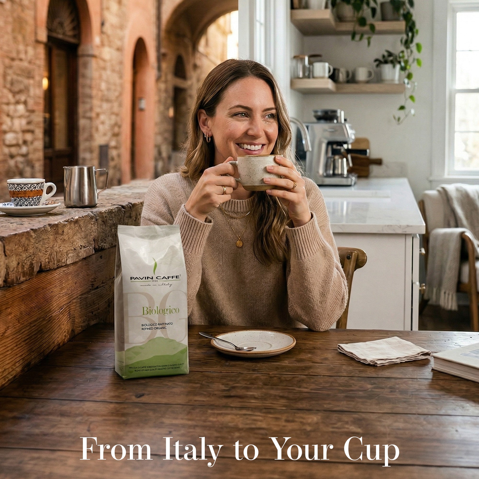 Woman enjoying a cup of coffee in a cozy kitchen with a bag of Pavia Caffe coffee beans roasted in Padua Italy.