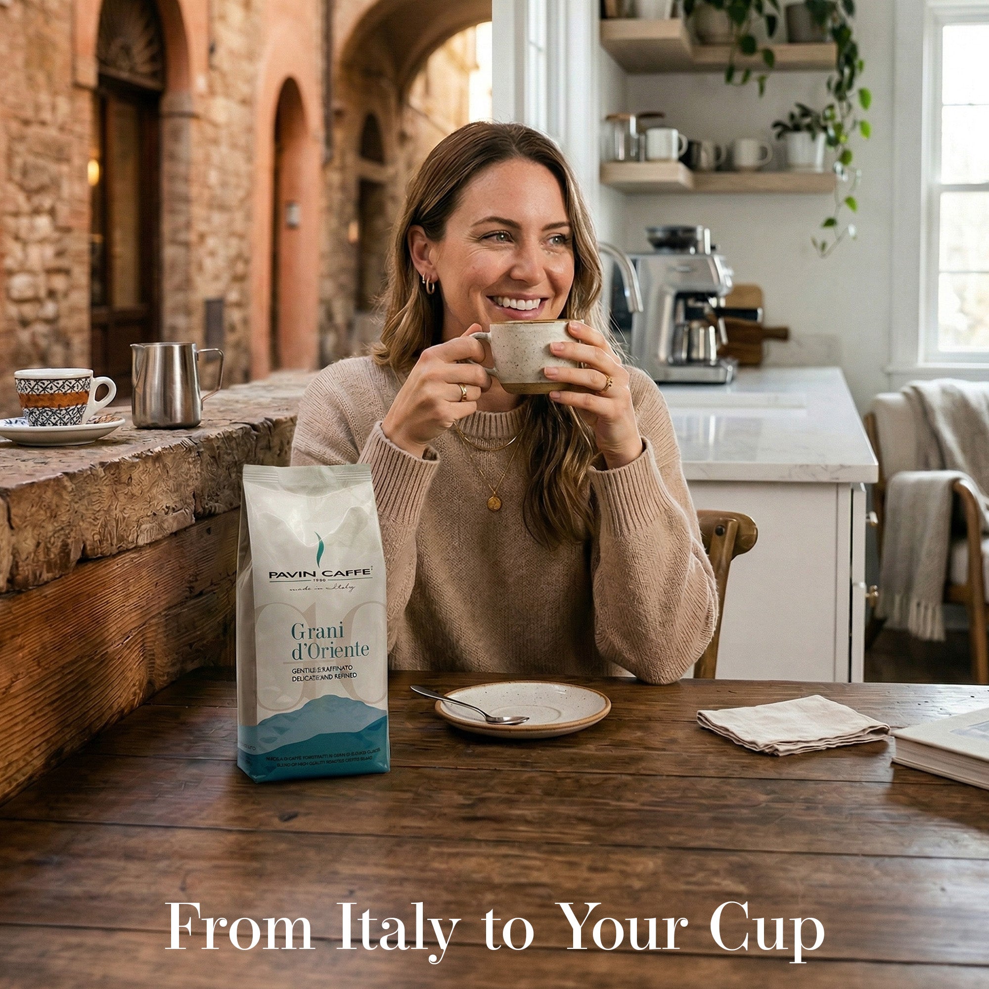 Woman enjoying a cup of Pavin Caffè Grani d'Oriente Italian coffee beans roasted in Padua Italy in a cozy kitchen with a package of Pavia Caffe coffee on the table.