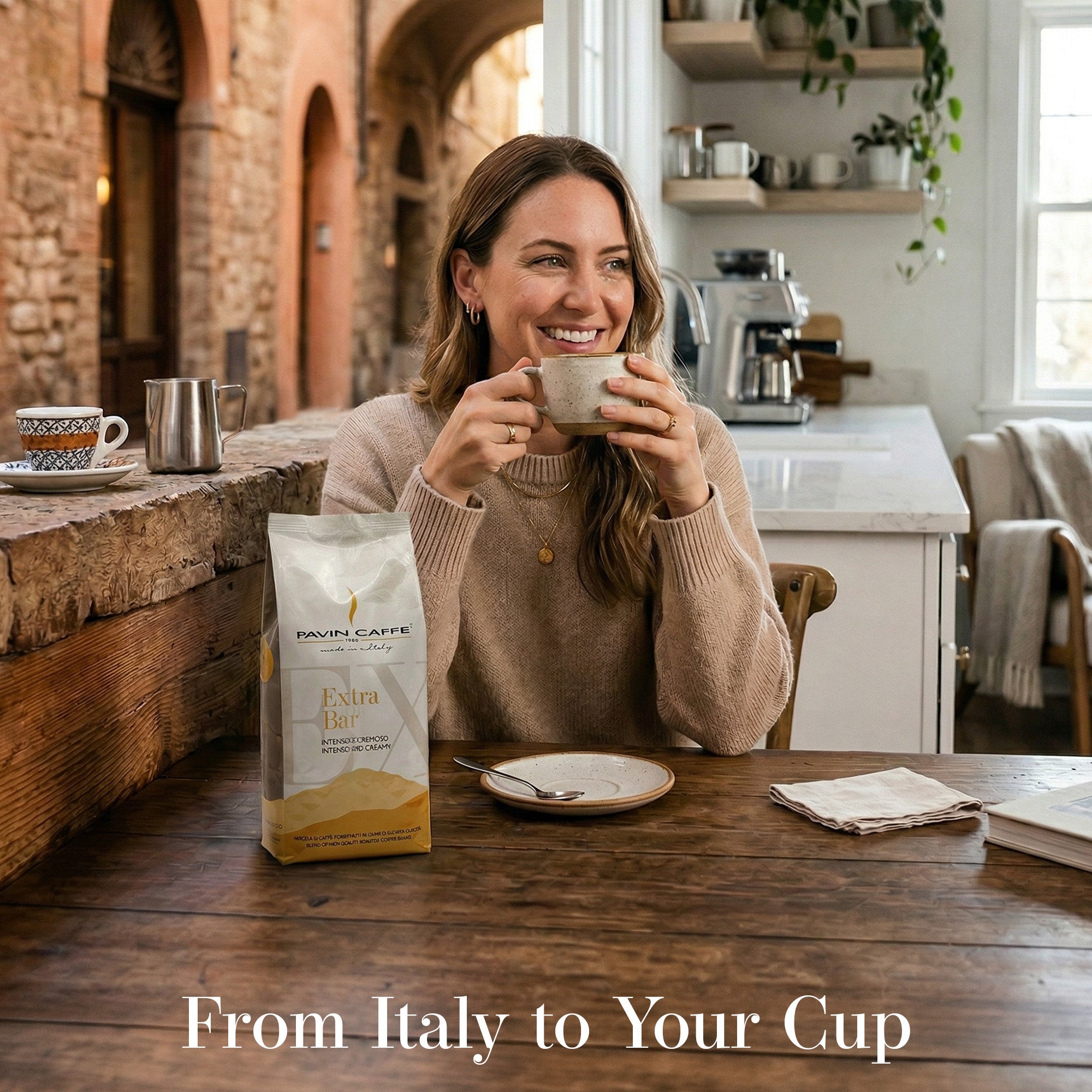 Woman enjoying a cup of coffee in a cozy kitchen with a bag of Pavin Caffè Italian decaf coffee beans roasted in Padua Italy.