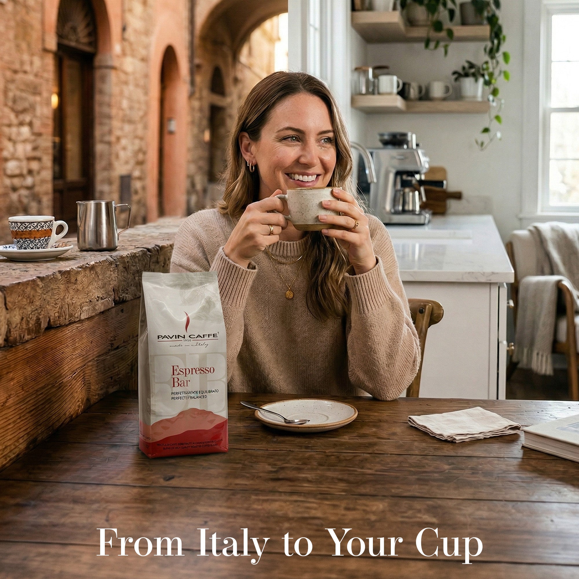Woman enjoying a cup of coffee in a cozy kitchen with Pavin Caffè Espresso Bar Italian espresso coffee beans roasted in Padua Italy.