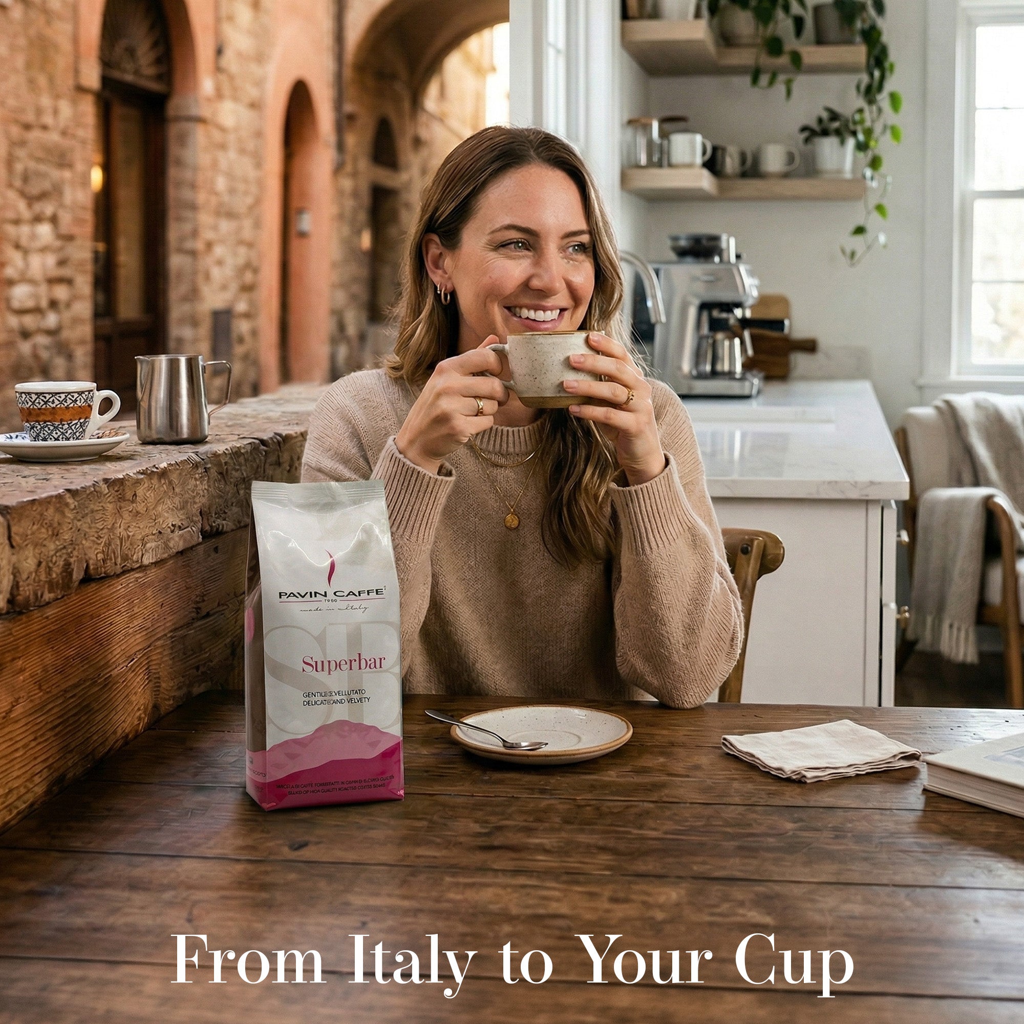 Woman enjoying a cup of coffee in a cozy kitchen with Pavin Caffè Superbar Italian coffee beans roasted in Padua Italy.